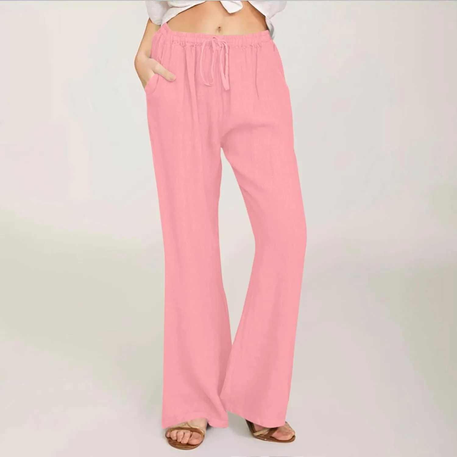 Linen Pants Women High Waisted Flare Palazzo Pants Summer Wide Leg Pants Elastic Waist Beach Pants Lounge Trousers