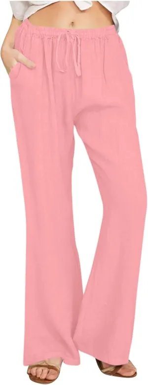 Linen Pants Women High Waisted Flare Palazzo Pants Summer Wide Leg Pants Elastic Waist Beach Pants Lounge Trousers