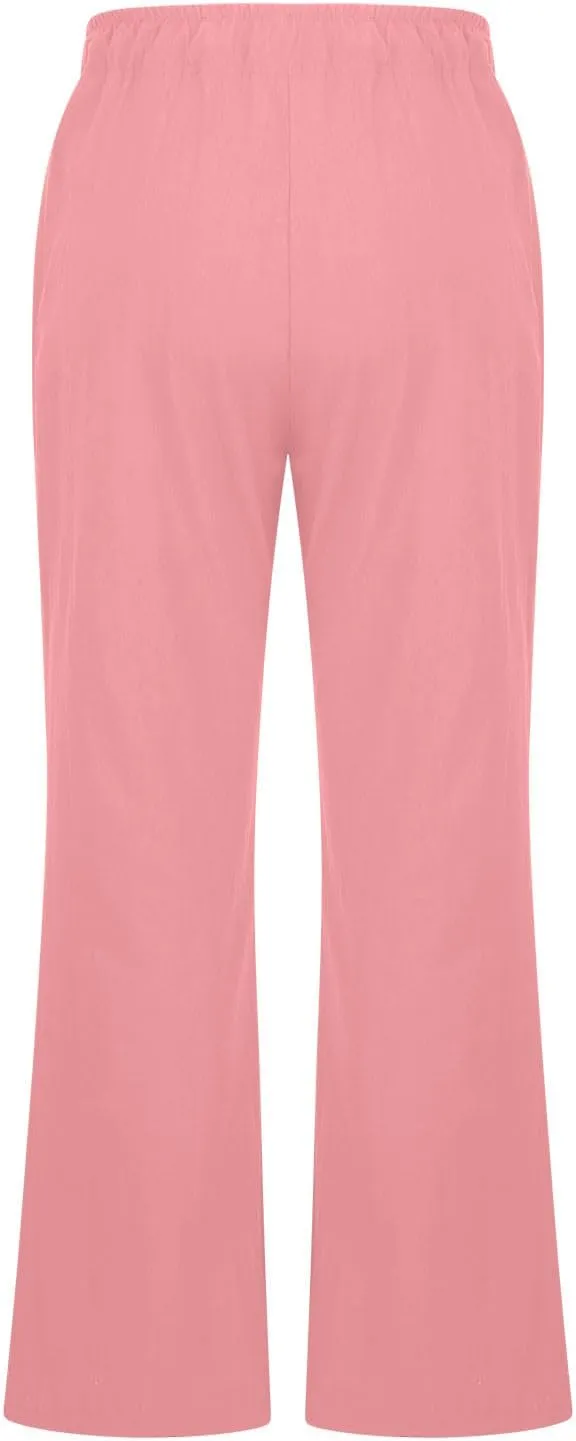 Linen Pants Women High Waisted Flare Palazzo Pants Summer Wide Leg Pants Elastic Waist Beach Pants Lounge Trousers