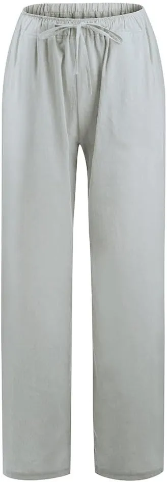 Linen Pants Women Loose Wide Leg Pants Drawstring Waist Lounge Pants Plus Size Casual Palazzo Pants Trouser Pockets