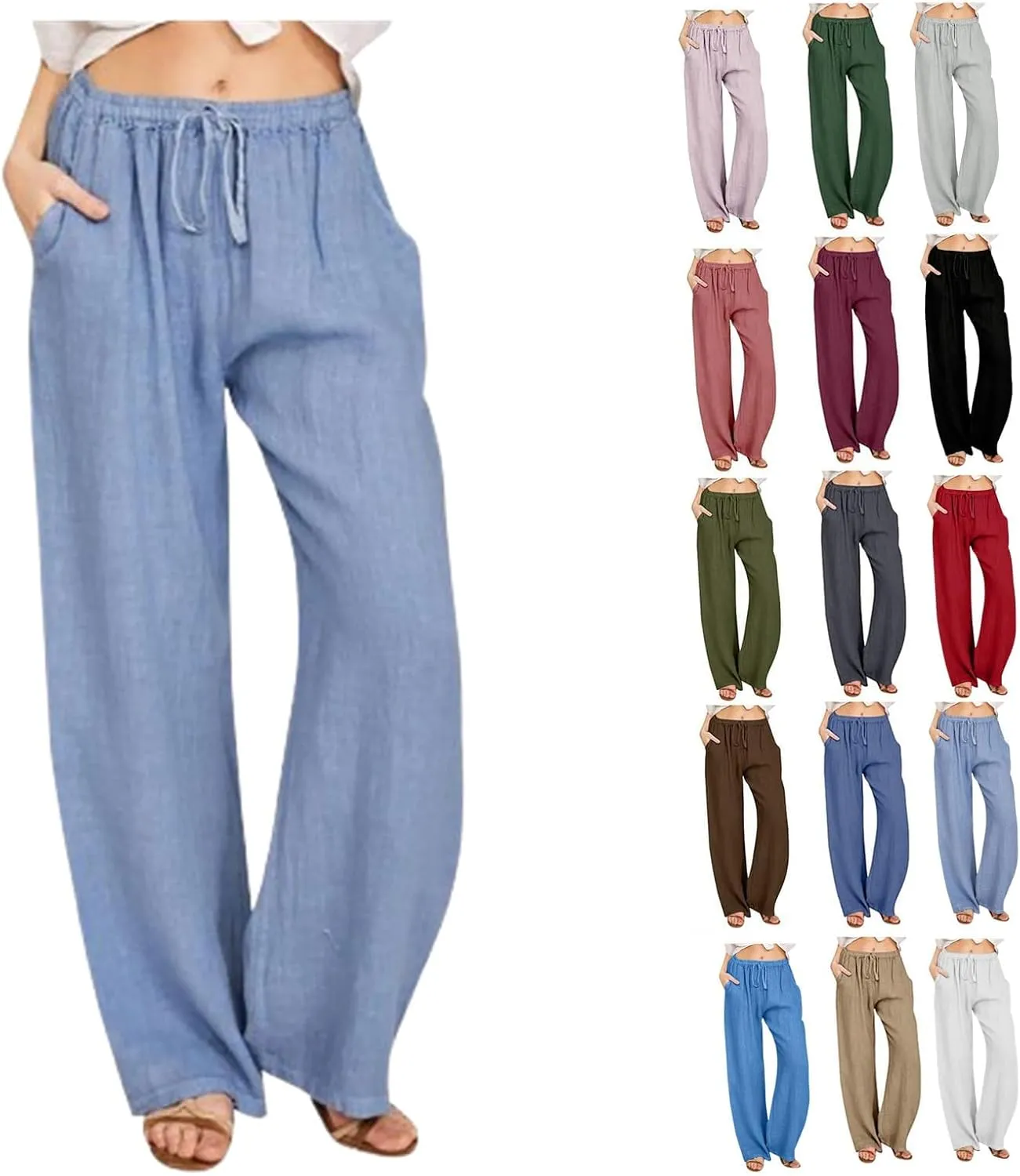 Linen Pants Women Loose Wide Leg Pants Drawstring Waist Lounge Pants Plus Size Casual Palazzo Pants Trouser Pockets