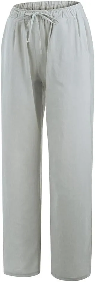Linen Pants Women Loose Wide Leg Pants Drawstring Waist Lounge Pants Plus Size Casual Palazzo Pants Trouser Pockets