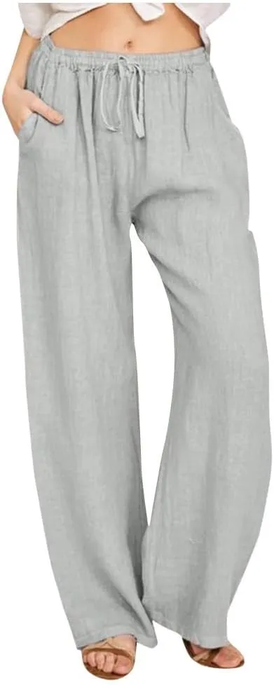 Linen Pants Women Loose Wide Leg Pants Drawstring Waist Lounge Pants Plus Size Casual Palazzo Pants Trouser Pockets