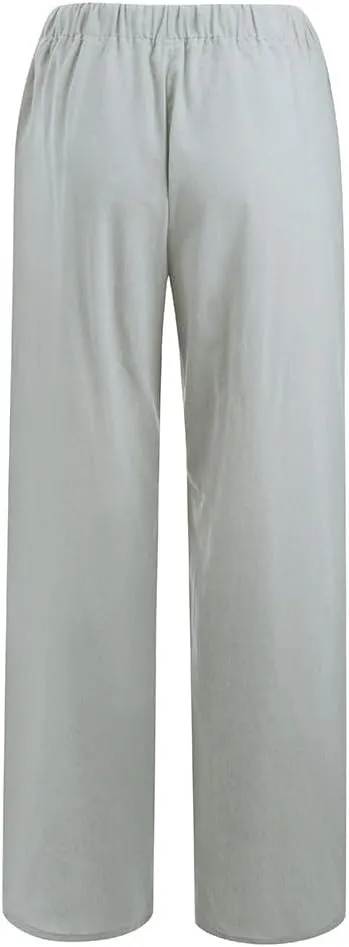 Linen Pants Women Loose Wide Leg Pants Drawstring Waist Lounge Pants Plus Size Casual Palazzo Pants Trouser Pockets