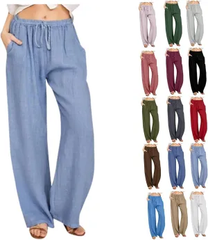 Linen Pants Women Loose Wide Leg Pants Drawstring Waist Lounge Pants Plus Size Casual Palazzo Pants Trouser Pockets