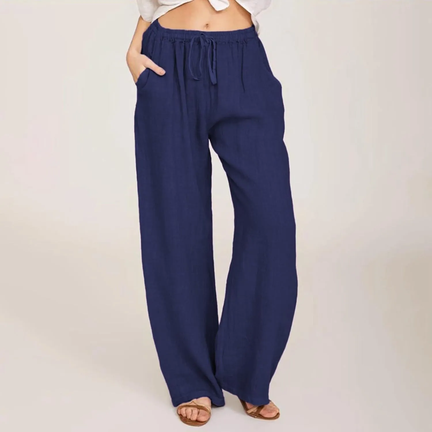 Linen Pants Women Summer Casual Baggy Wide Leg Pants Drawstring High Waisted Palazzo Pants with Pockets Travel Pants