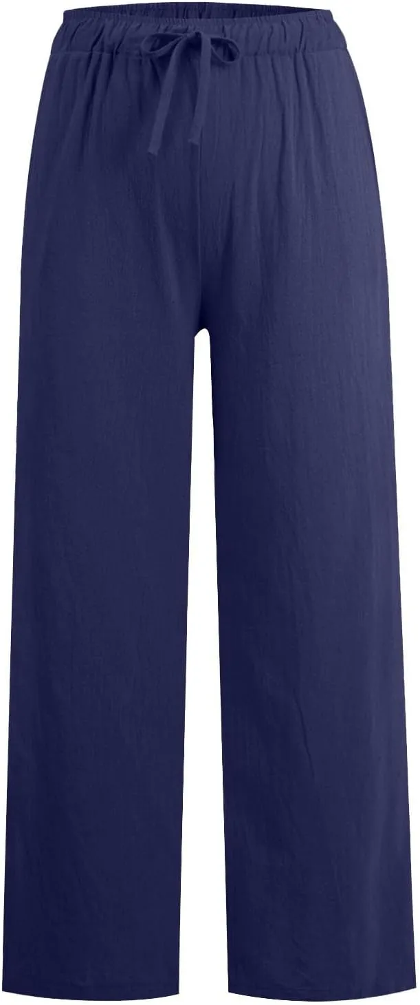 Linen Pants Women Summer Casual Baggy Wide Leg Pants Drawstring High Waisted Palazzo Pants with Pockets Travel Pants