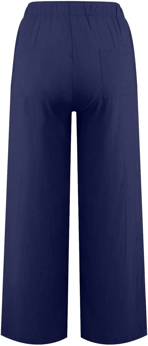 Linen Pants Women Summer Casual Baggy Wide Leg Pants Drawstring High Waisted Palazzo Pants with Pockets Travel Pants
