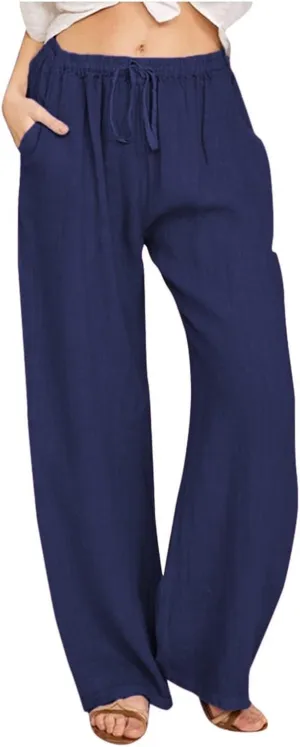 Linen Pants Women Summer Casual Baggy Wide Leg Pants Drawstring High Waisted Palazzo Pants with Pockets Travel Pants