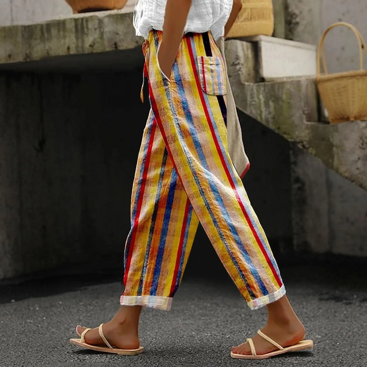 Linen Pants Women Summer Casual Drawstring Pants Petite Linen Pants for Women White Trouser Pants for Women Linen
