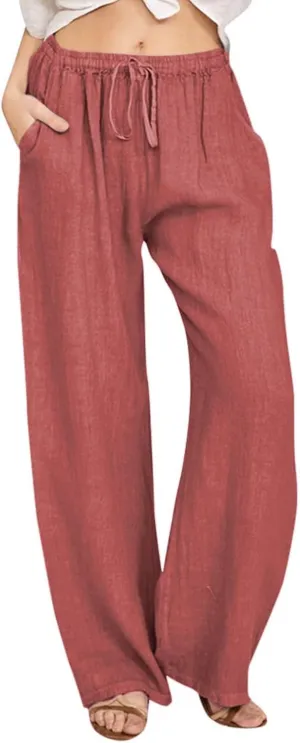 Linen Pants Women Summer Drawstring Waist Wide Leg Pants Loose Cotton Linen Palazzo Pants Casual Beach Long Pants