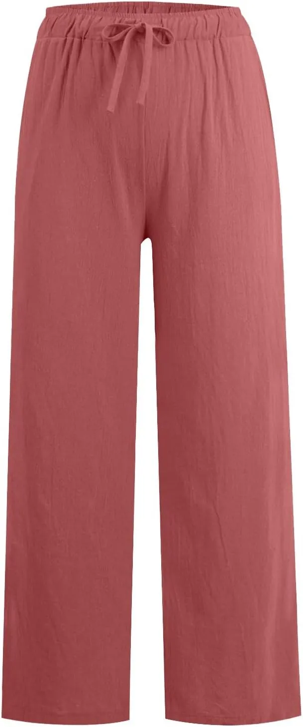 Linen Pants Women Summer Drawstring Waist Wide Leg Pants Loose Cotton Linen Palazzo Pants Casual Beach Long Pants