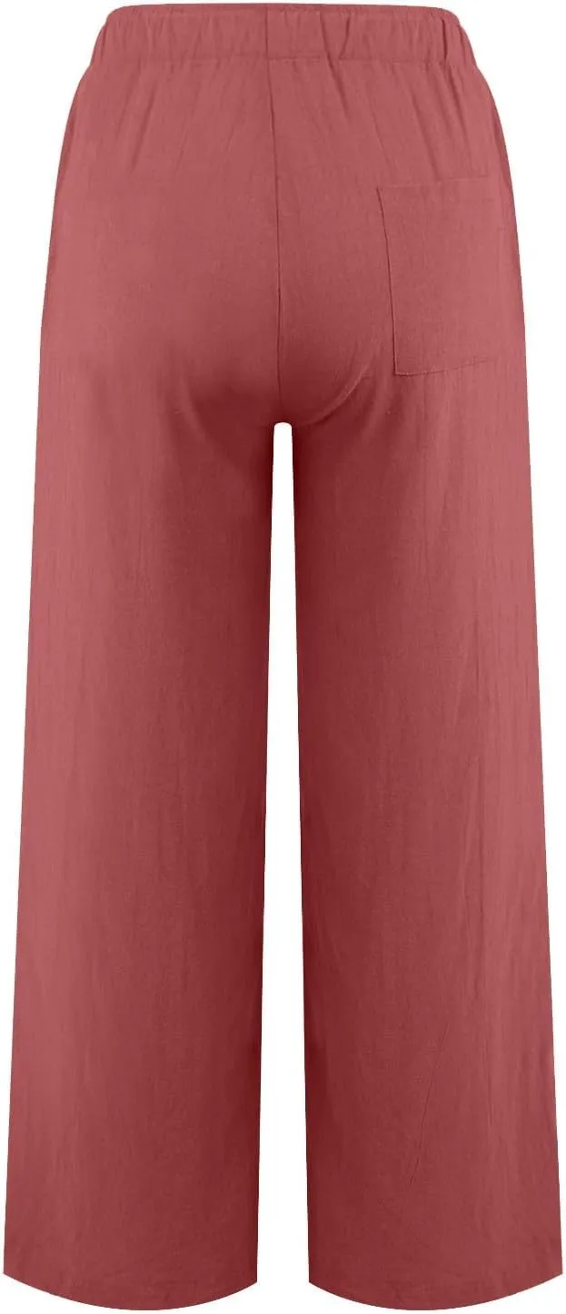 Linen Pants Women Summer Drawstring Waist Wide Leg Pants Loose Cotton Linen Palazzo Pants Casual Beach Long Pants