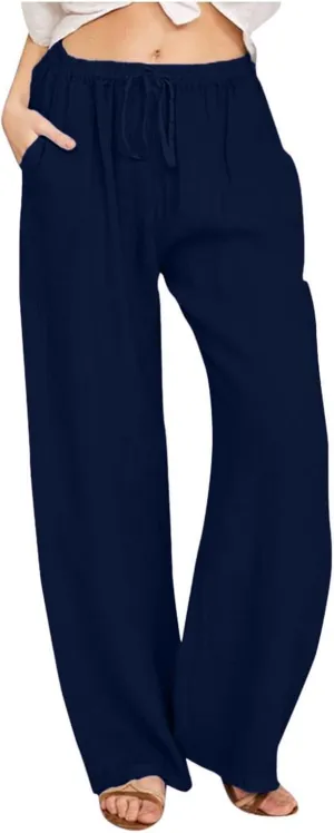 Linen Pants Women Summer Drawstring Waist Wide Leg Pants Loose Cotton Linen Palazzo Pants Casual Beach Long Pants