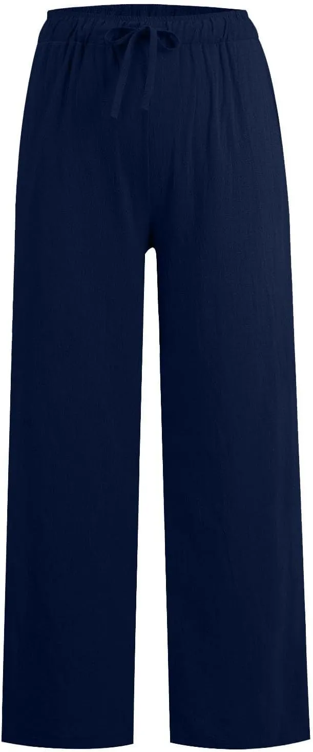 Linen Pants Women Summer Drawstring Waist Wide Leg Pants Loose Cotton Linen Palazzo Pants Casual Beach Long Pants