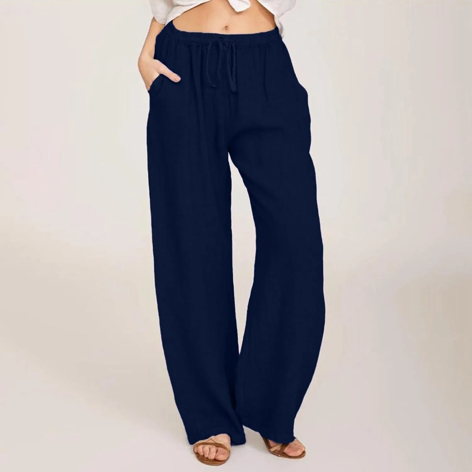 Linen Pants Women Summer Drawstring Waist Wide Leg Pants Loose Cotton Linen Palazzo Pants Casual Beach Long Pants