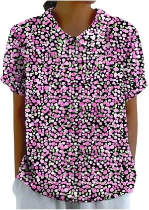 Linen Shirt for Womens Summer Tops Dressy Casual Printed V Neck Blouse Loose Fit Short Sleeve T Shirt Plus Size M-5xl