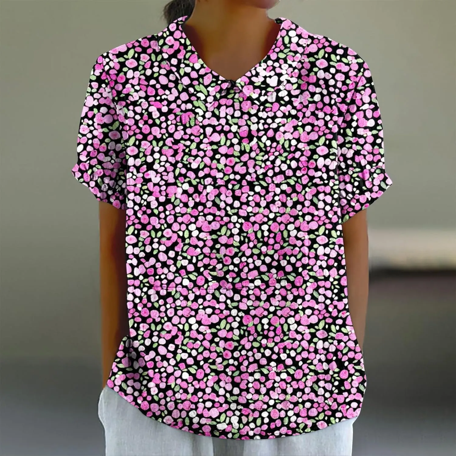 Linen Shirt for Womens Summer Tops Dressy Casual Printed V Neck Blouse Loose Fit Short Sleeve T Shirt Plus Size M-5xl