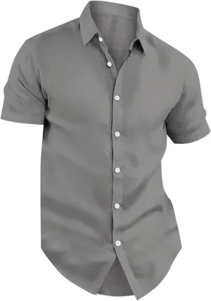 Linen Shirts for Men Short Sleeve Vintage Short Sleeve Button Down Cuban Guayabera Shirt Solid Casual Beach Tee Tops