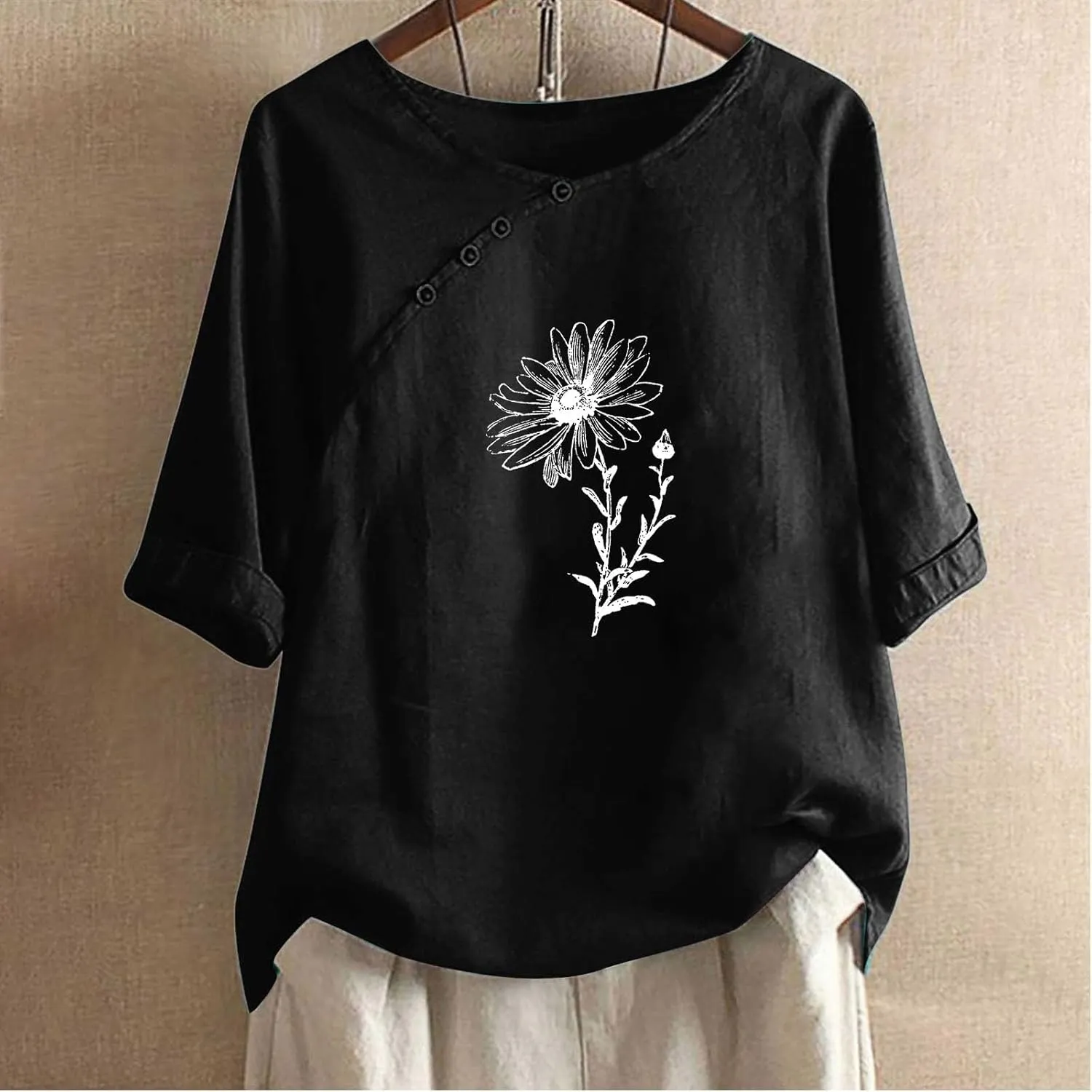 Linen Shirts for Women Crewneck Button Down Floral Blouse Tops Dressy Casual Summer Oversized Tshirts 2024