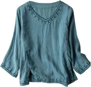 Linen Shirts for Women Crewneck Embroidery Blouse Boho Trendy Tops Short Sleeve Loose Fit Tunic Tops