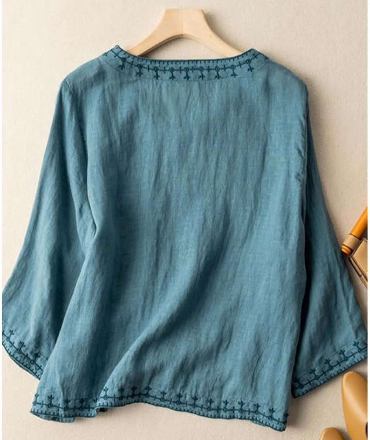 Linen Shirts for Women Crewneck Embroidery Blouse Boho Trendy Tops Short Sleeve Loose Fit Tunic Tops