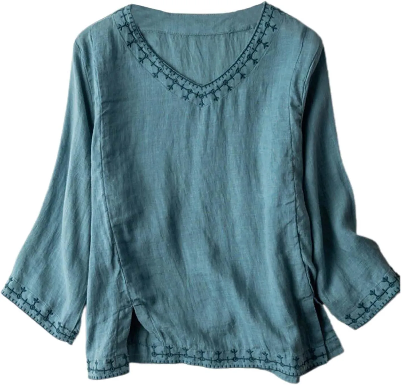 Linen Shirts for Women Crewneck Embroidery Blouse Boho Trendy Tops Short Sleeve Loose Fit Tunic Tops