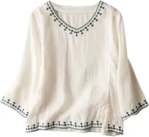 Linen Shirts for Women Crewneck Embroidery Blouse Boho Trendy Tops Short Sleeve Loose Fit Tunic Tops