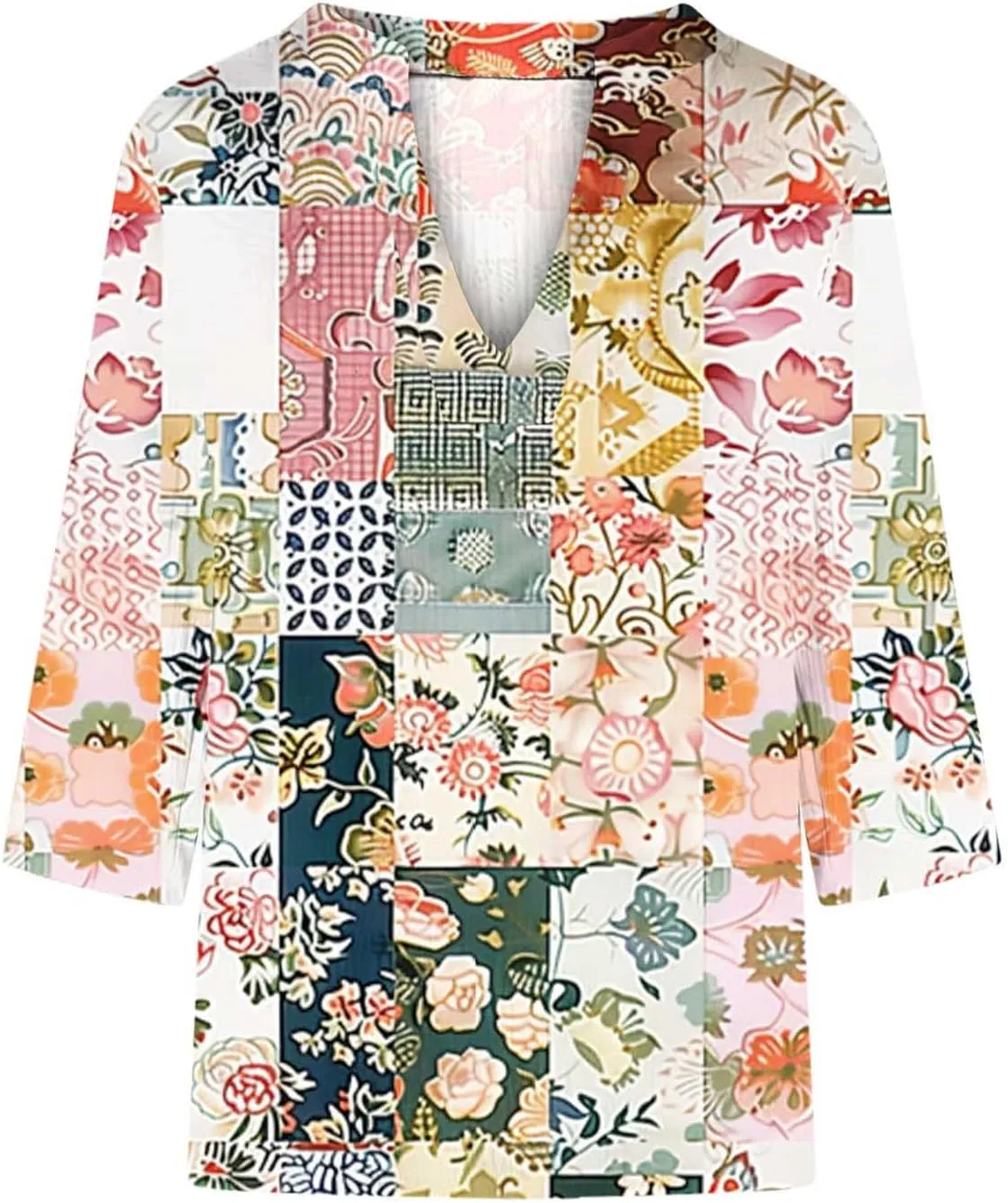 Linen Shirts for Women Cute Boho Floral Graphic Tees Summer 3/4 Length Sleeve V Neck Tunic Blouses Casual Tshirts