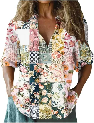 Linen Shirts for Women Cute Boho Floral Graphic Tees Summer 3/4 Length Sleeve V Neck Tunic Blouses Casual Tshirts