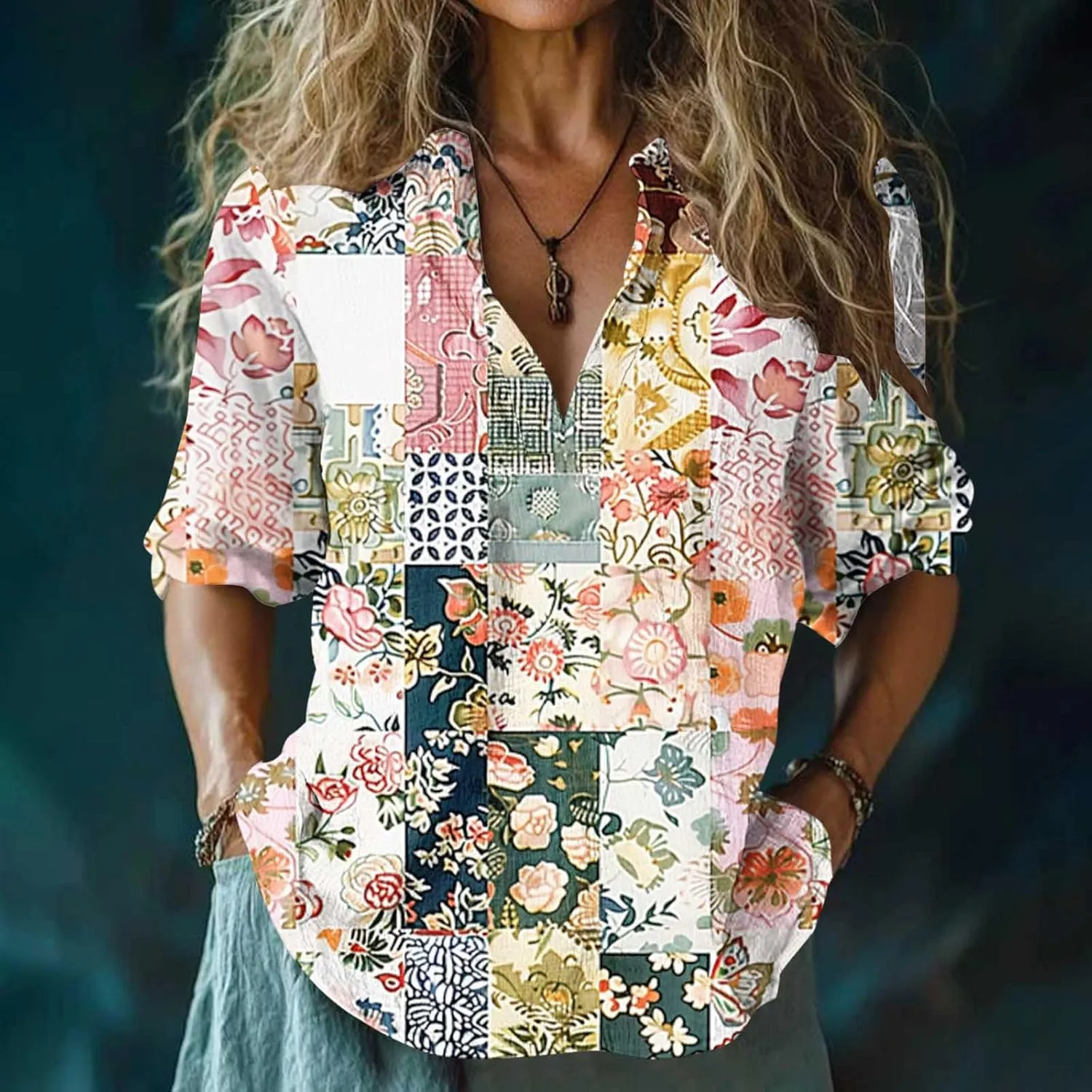 Linen Shirts for Women Cute Boho Floral Graphic Tees Summer 3/4 Length Sleeve V Neck Tunic Blouses Casual Tshirts