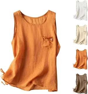 Linen Shirts for Women Summer Dressy Sleeveless Crewneck Plus Size Tank Tops Solid Color Lightweight Comfy Vests