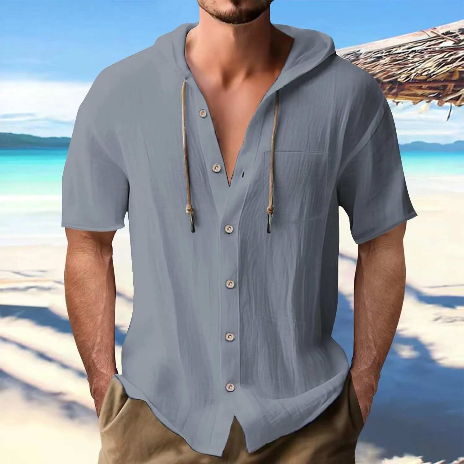 Linen Shirts Mens Vintage Bohemia Cotton Button Down Beach Hippie Shirt Summer Casual Lace Up Long Sleeve Hoodies