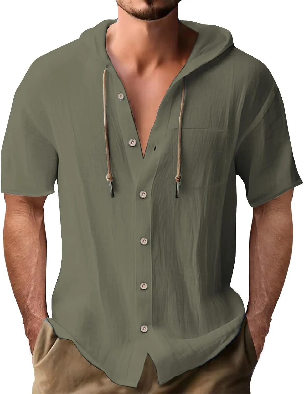 Linen Shirts Mens Vintage Bohemia Cotton Button Down Beach Hippie Shirt Summer Casual Lace Up Long Sleeve Hoodies