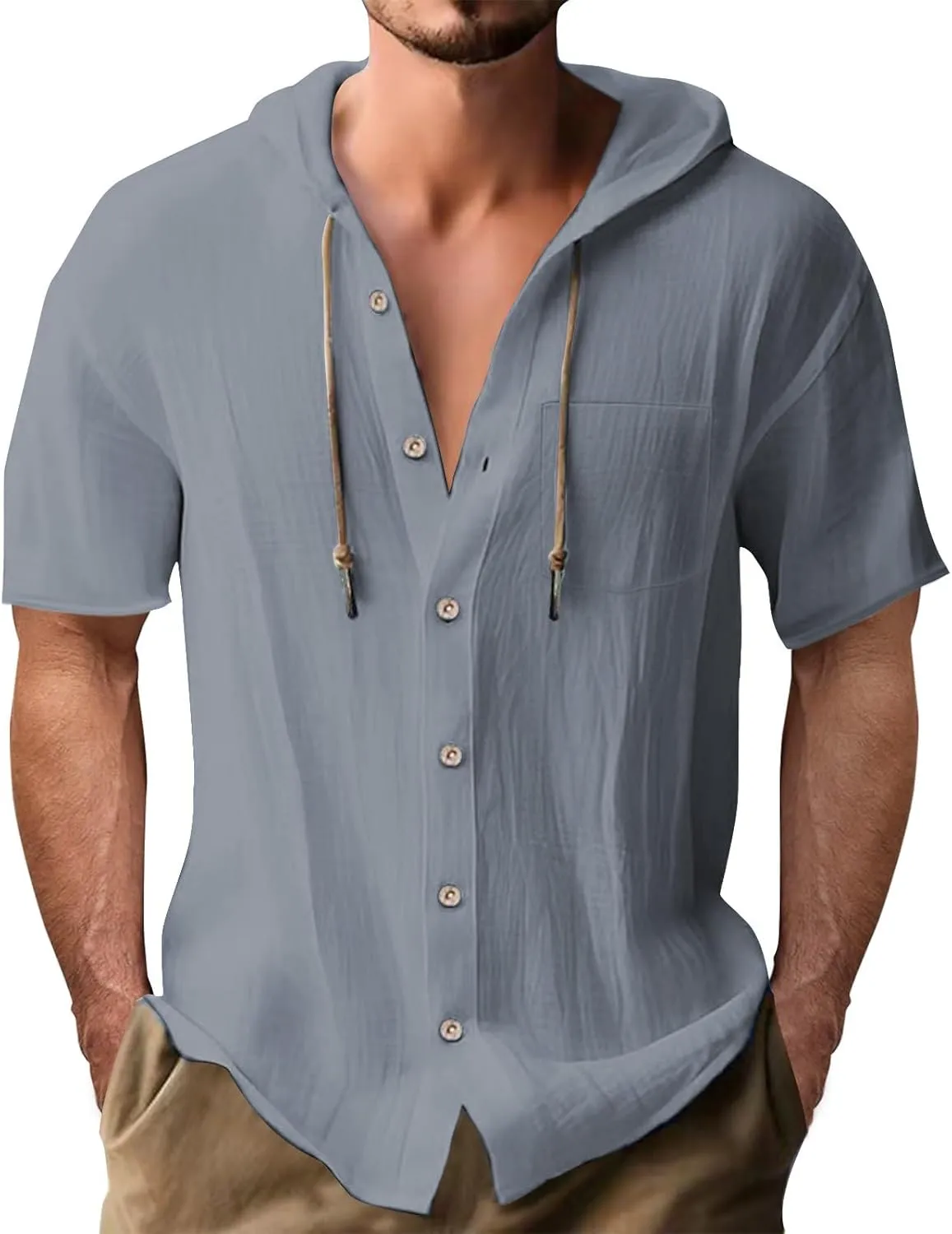 Linen Shirts Mens Vintage Bohemia Cotton Button Down Beach Hippie Shirt Summer Casual Lace Up Long Sleeve Hoodies