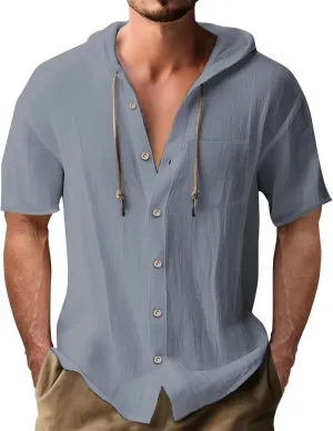 Linen Shirts Mens Vintage Bohemia Cotton Button Down Beach Hippie Shirt Summer Casual Lace Up Long Sleeve Hoodies