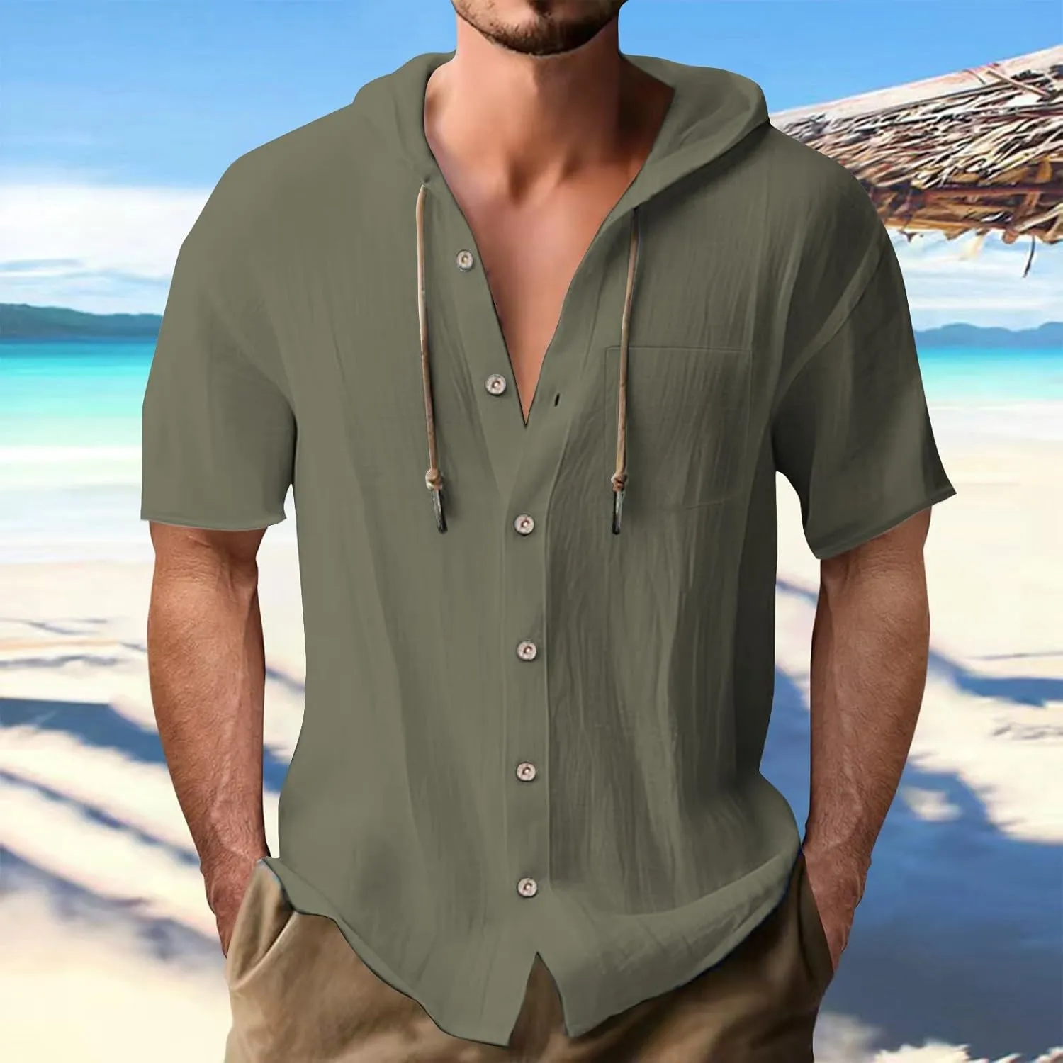 Linen Shirts Mens Vintage Bohemia Cotton Button Down Beach Hippie Shirt Summer Casual Lace Up Long Sleeve Hoodies