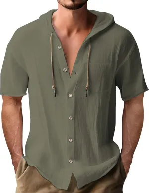 Linen Shirts Mens Vintage Bohemia Cotton Button Down Beach Hippie Shirt Summer Casual Lace Up Long Sleeve Hoodies