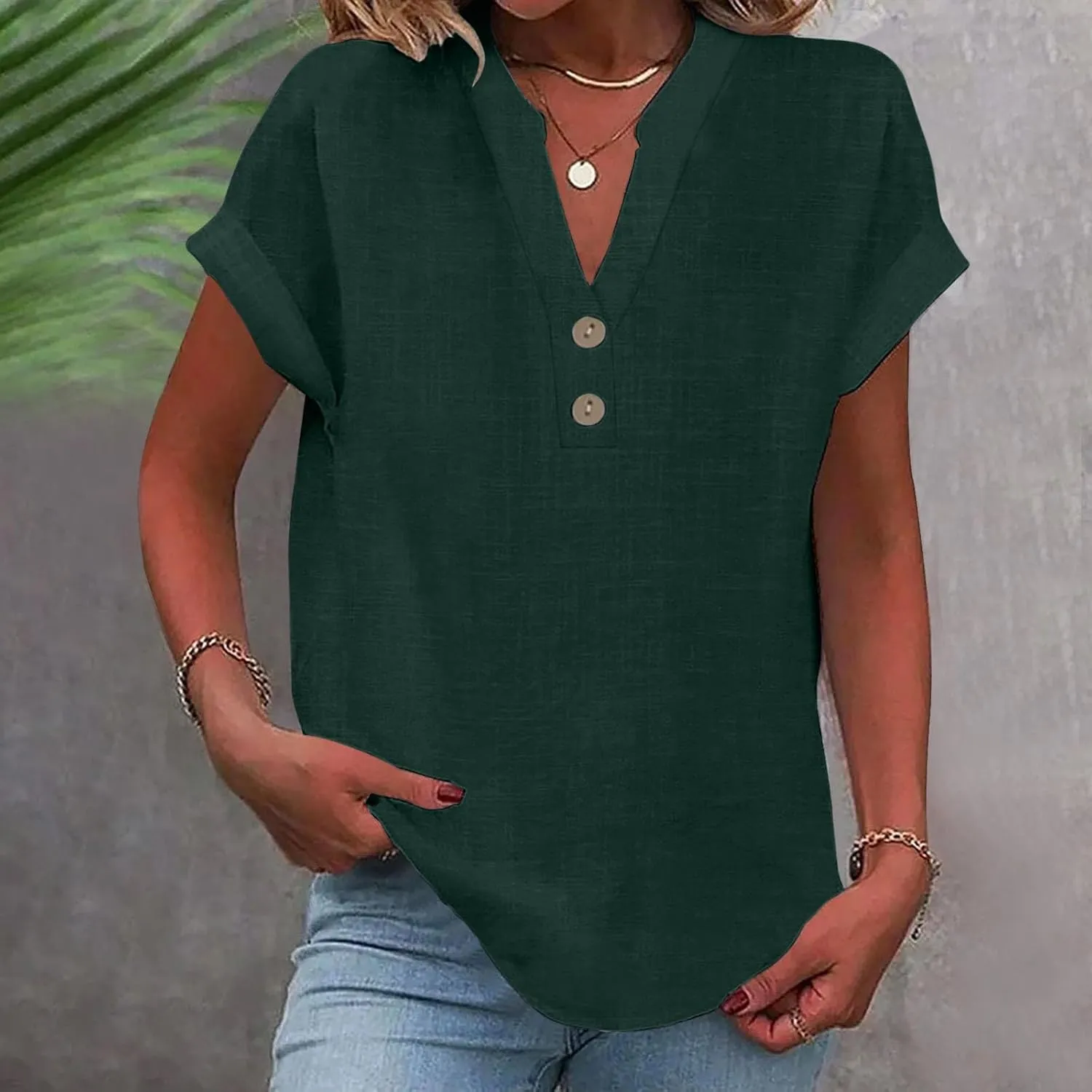 Linen Top for Women Plus Size Button Down Shirts Rolled Short Sleeve Blouse Cotton V Neck T Shirt Summer Travel Tees
