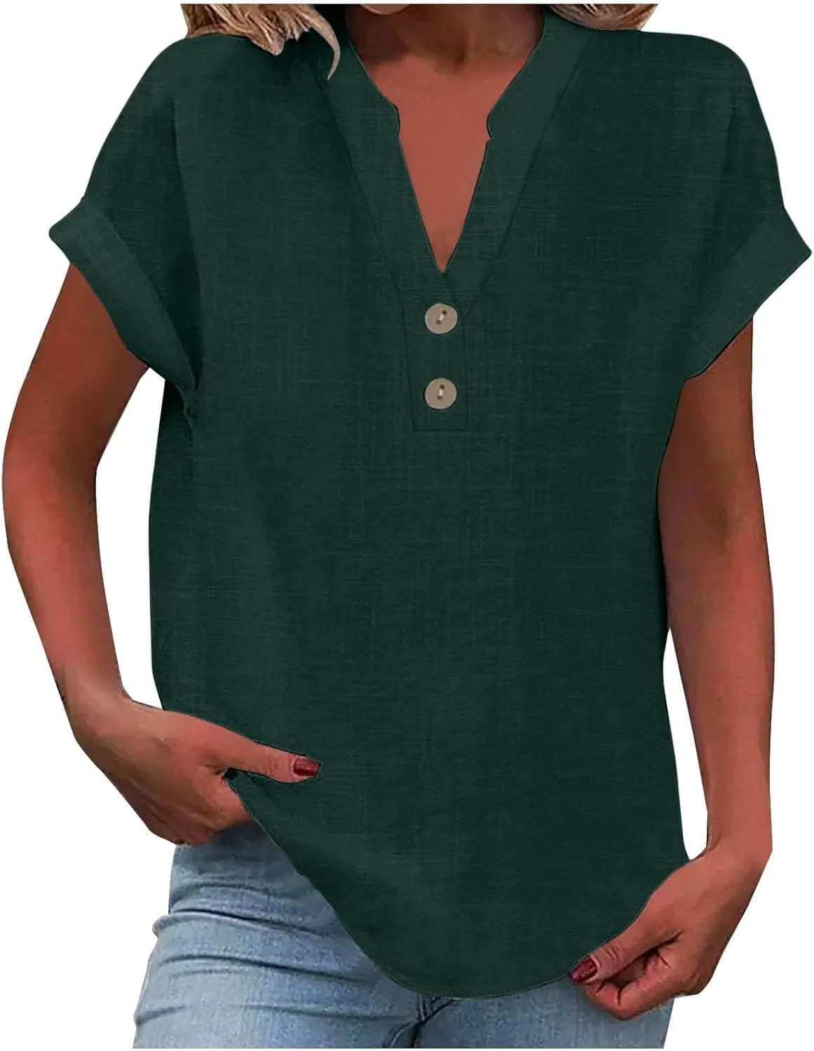 Linen Top for Women Plus Size Button Down Shirts Rolled Short Sleeve Blouse Cotton V Neck T Shirt Summer Travel Tees