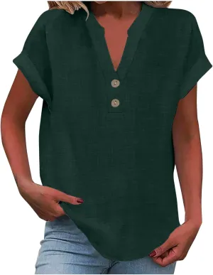 Linen Top for Women Plus Size Button Down Shirts Rolled Short Sleeve Blouse Cotton V Neck T Shirt Summer Travel Tees