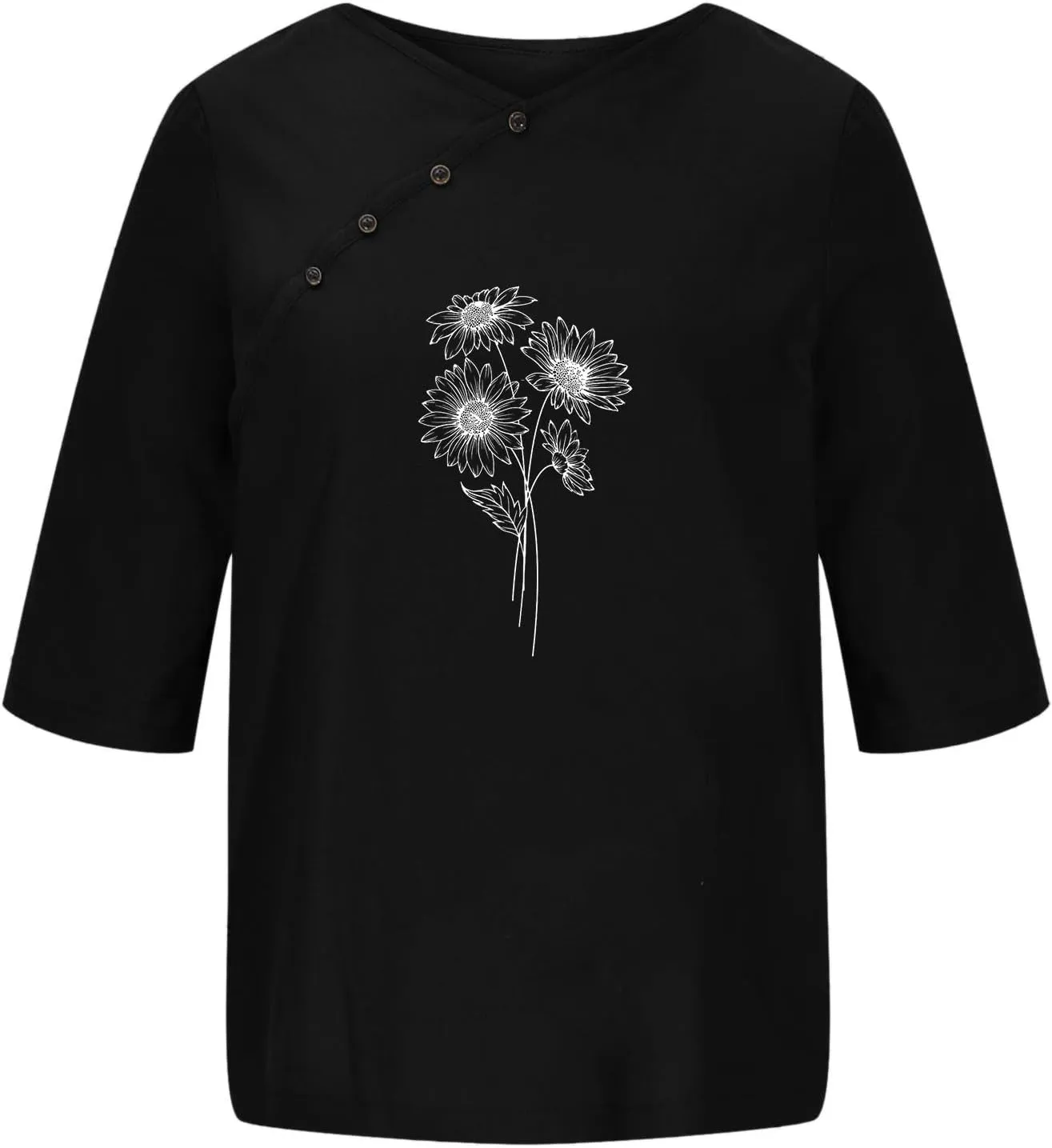 Linen Tops For Women Crewneck Button Down Floral Blouse Tops Dressy Casual Summer Oversized Tshirts 2024