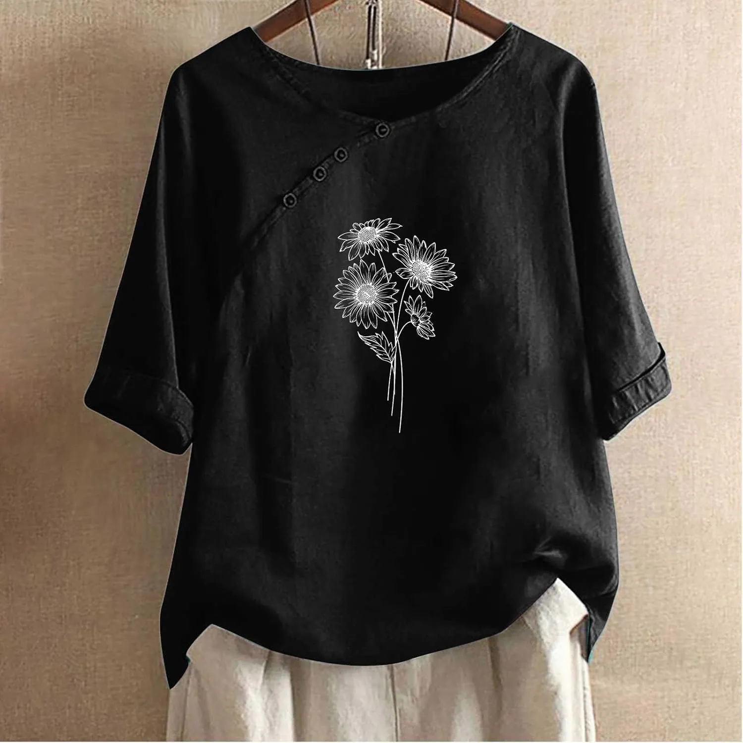Linen Tops For Women Crewneck Button Down Floral Blouse Tops Dressy Casual Summer Oversized Tshirts 2024
