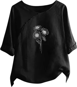 Linen Tops For Women Crewneck Button Down Floral Blouse Tops Dressy Casual Summer Oversized Tshirts 2024