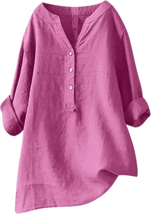 Linen Tops for Women Plus Sized Long Sleeve V-Neck Blouse Tops Casual Solid Color Spring Oclothes