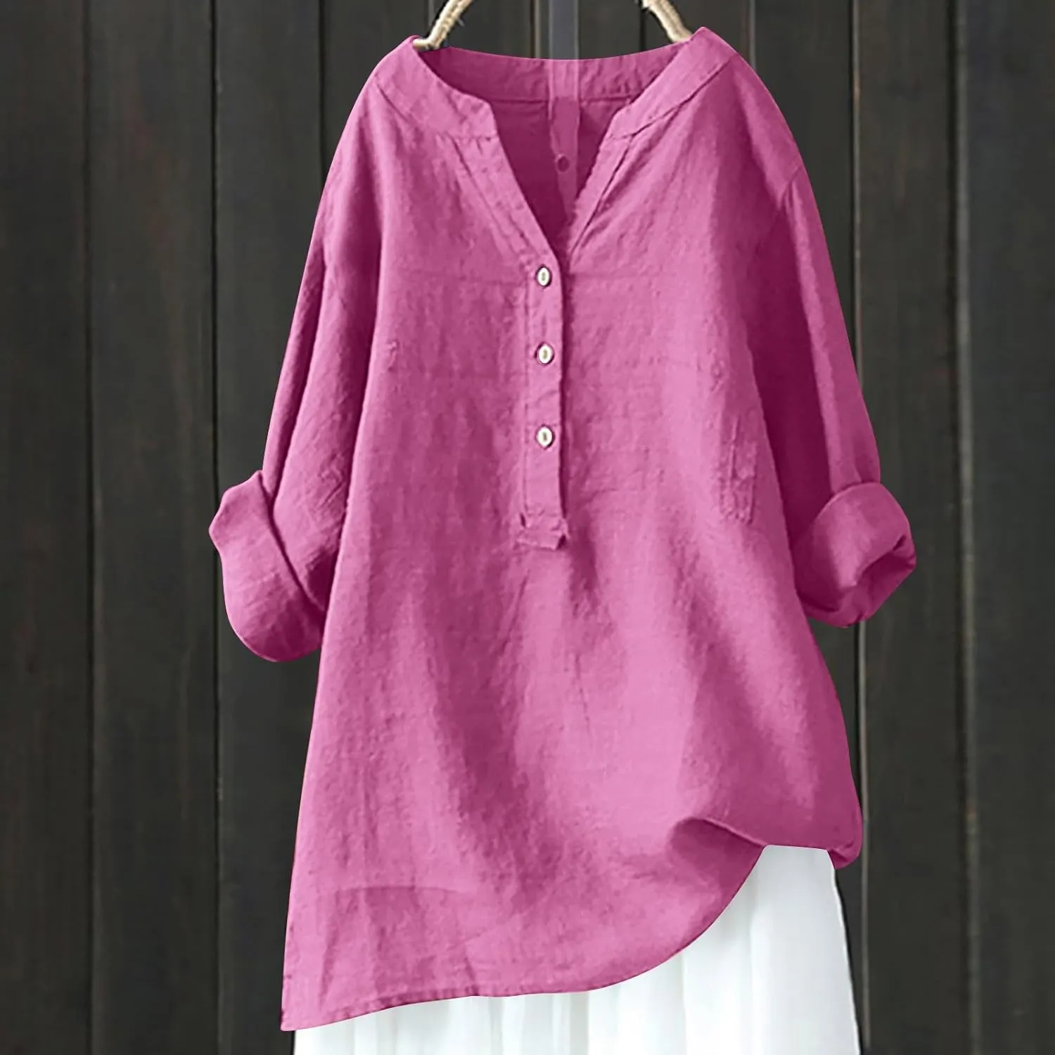 Linen Tops for Women Plus Sized Long Sleeve V-Neck Blouse Tops Casual Solid Color Spring Oclothes