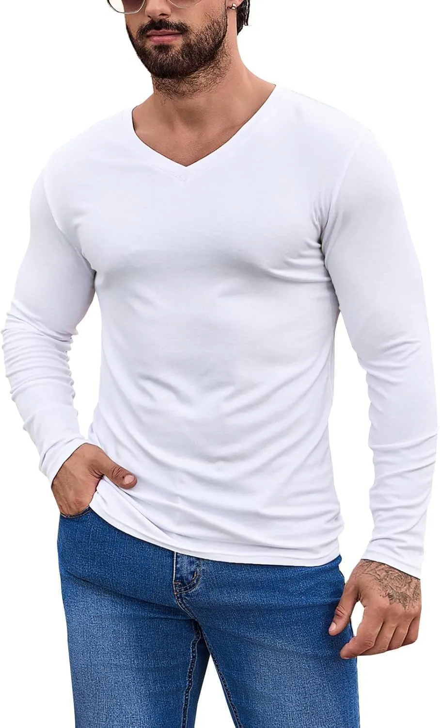 LONGBIDA Men's Thermal Underwear V-Neck T-Shirt Slim Fit Lightweight Long Sleeve Pullover