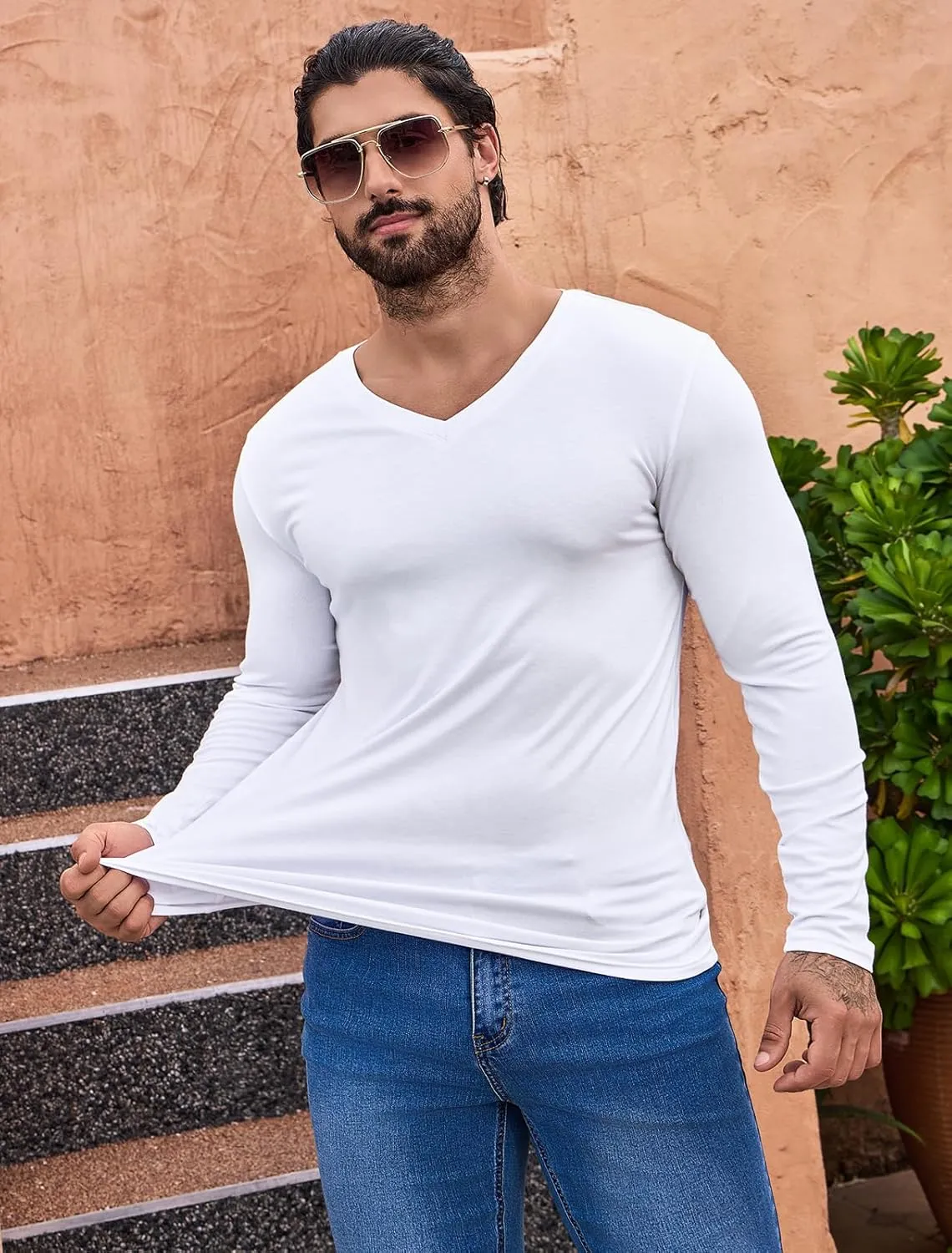 LONGBIDA Men's Thermal Underwear V-Neck T-Shirt Slim Fit Lightweight Long Sleeve Pullover