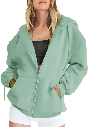 Loose Hoodie for Women Oversized Casual Full Zip Up Open Front Drawstring Hooded Solid Color Coat Fall Commute Hoodie