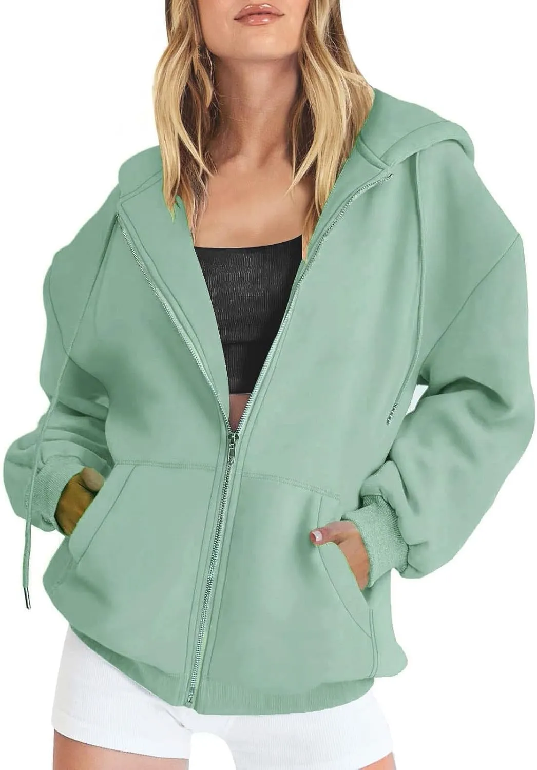 Loose Hoodie for Women Oversized Casual Full Zip Up Open Front Drawstring Hooded Solid Color Coat Fall Commute Hoodie